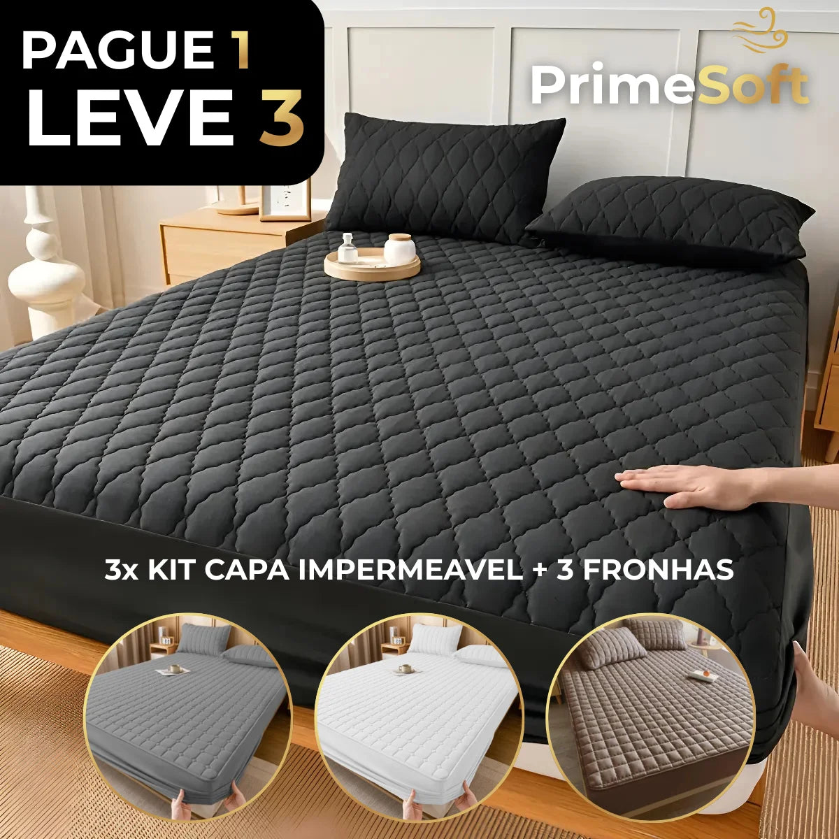 (PAGUE 1 LEVE 3) Prime Soft™ - kit Jogo de Cama Impermeável com Capa e 3 Fronhas + Brindes