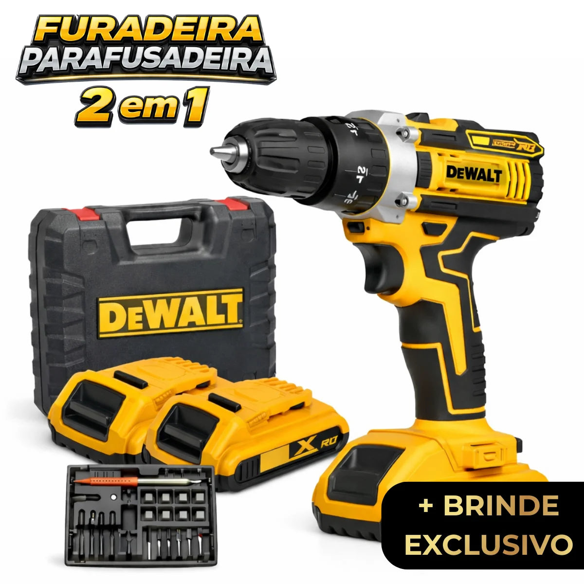 Kit Furadeira e Parafusadeira DeWalt 48V - Com 2 Baterias e Maleta de Acessórios + Brindes